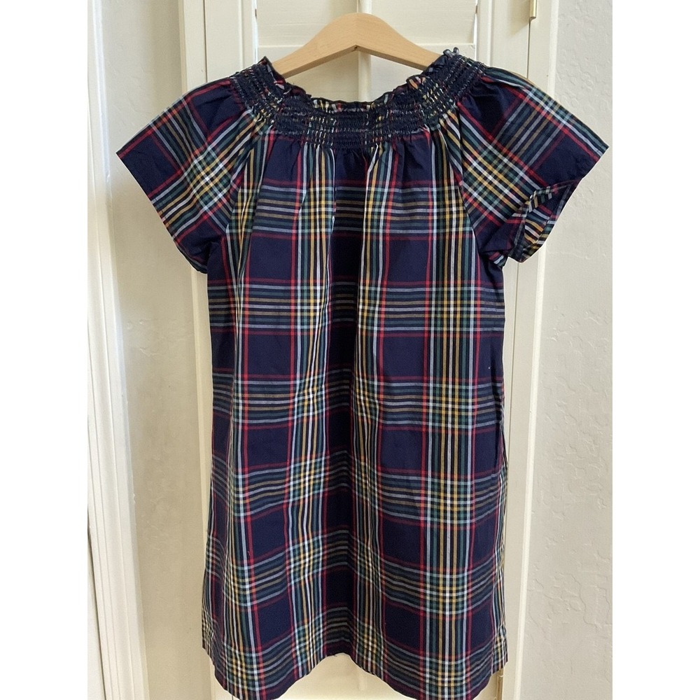 Hanna Andersson Girls Navy Plaid Smocked Neck Dress Short Sleeve Size 110 US 5